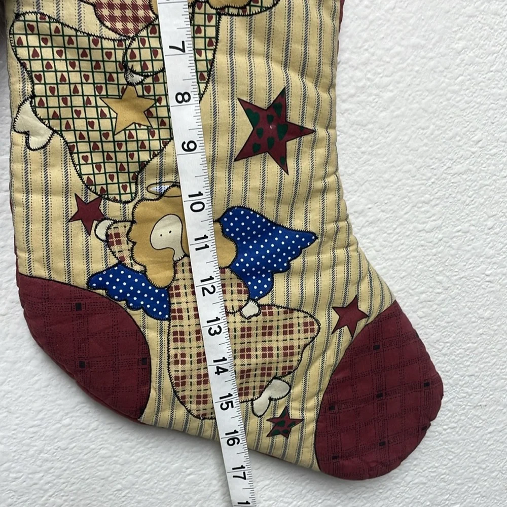 Festive Burgundy and Tan Angels and Stars Holiday Christmas Farmhouse Stocking